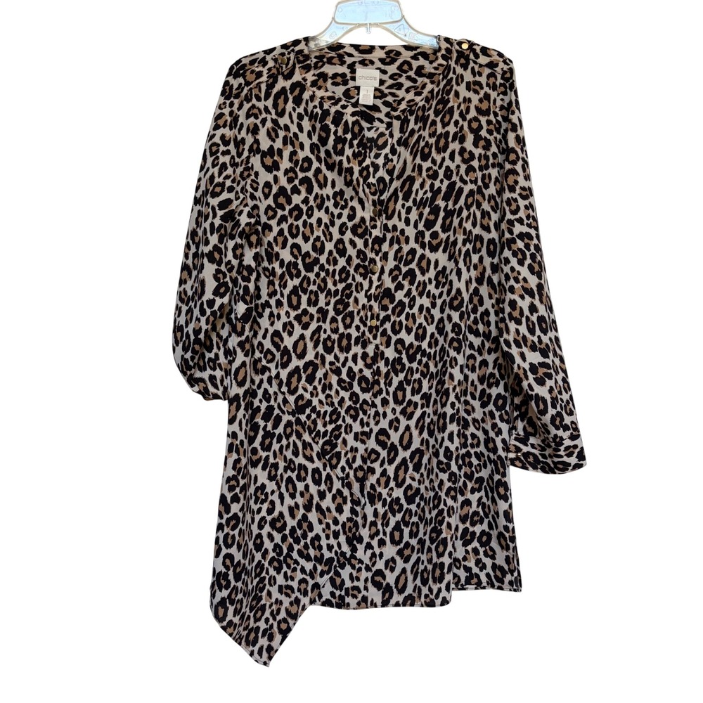 Chico's‎ Leopard Print Roll Tab Sleeve Asymmetrical Hem Tunic Blouse Size 1 Med